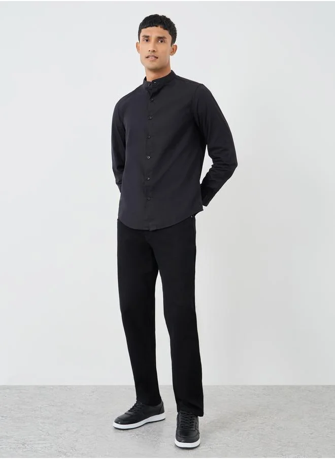 Styli Styli Solid Mandarin Collar Regular Fit Poplin Shirt