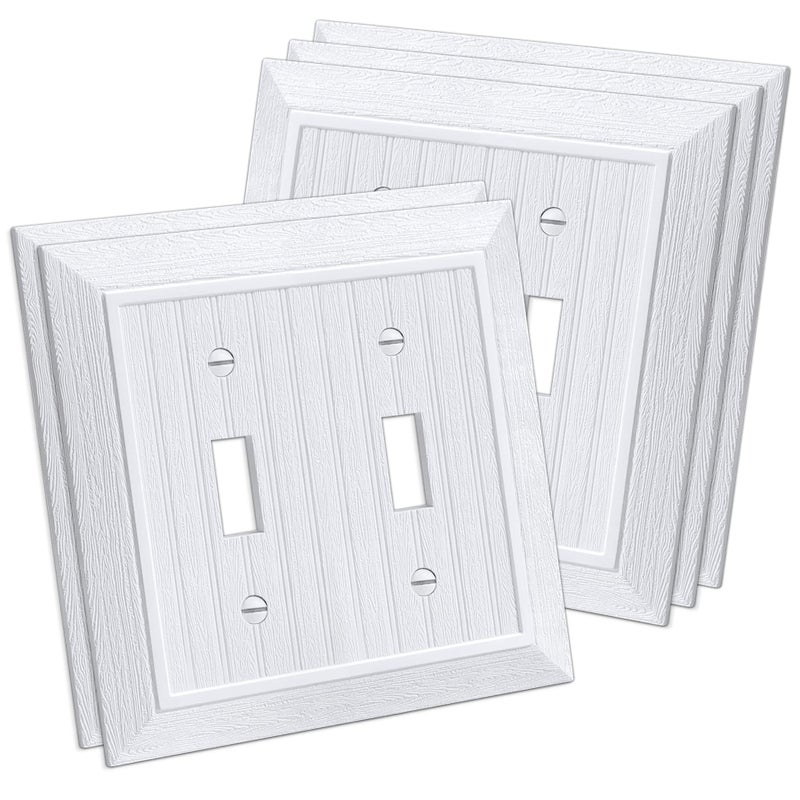 5 Pack CML Classic Toggle Light Switch Wall Plate 2Gang Beadboard Outlet Covers Vintage Retro Wood Grain Design Standard Size 495X 487 Impact Resistant White