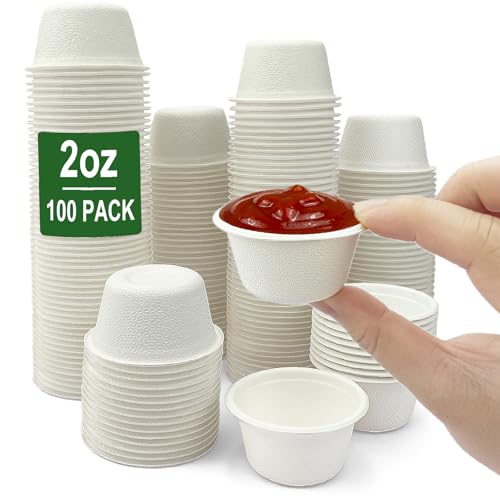 CAMKYDE 2 oz Disposable Bagasse Fiber Souffle Cups 100pk, 100% Natural Biodegradable Compostable Condiment Cups Sample Cup Tasting Cup (White, Pack of 100) - Image 1