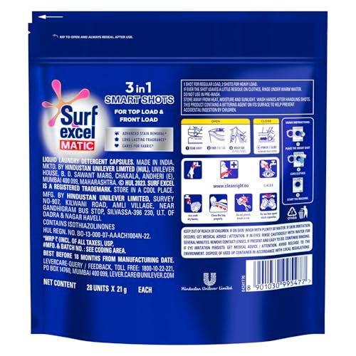 Surf excel Excel 3 in 1 Smart Shots Unit Dose Liquid Detergent Pack of 28 Count for Both Front Load and Top Load Washing Machines|| (28 U x 19.9 g) - Image 2