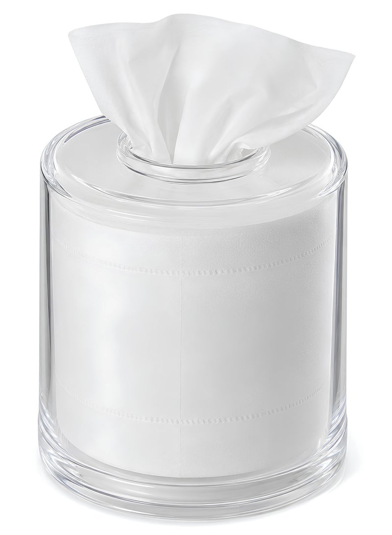 MOMENT Tissue Box Round - Acrylic Round Transparent Tissue Box Holder Case Dispenser For Bathroom Vanity Countertop, Bedroom Dresser, Office Desk Or Night Stand Table - Image 1