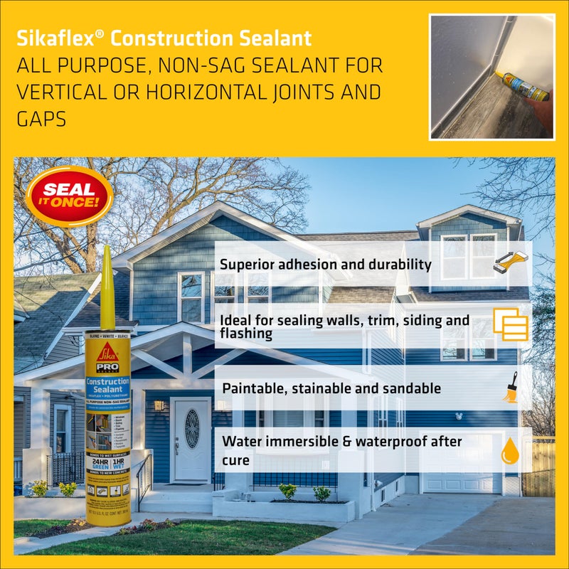 SIKA Sikaflex Construction Sealant - White, All-Purpose Polyurethane for Joints 1/2" or Smaller - 10.1 fl. oz - Weatherproof, High Elasticity, Paintable, Strong Adhesion - Image 3