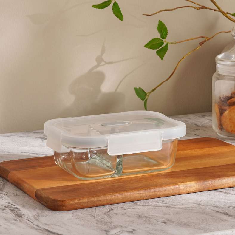 Pan Home حاوية طعام زجاجية مقاومة للتسرب ذات قسمين - شفافة ورمادية