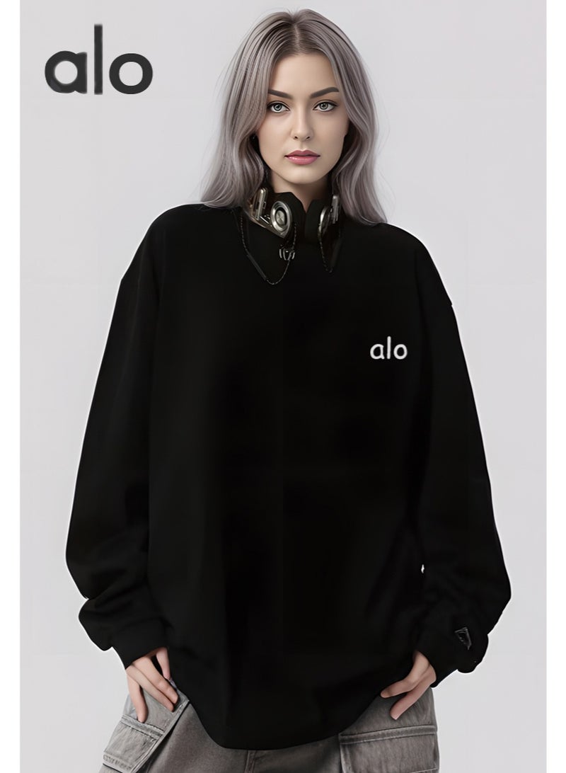 Alo loose casual long sleeved round neck T-shirt - unisex couple's shirt 100% pure cotton 250G black sports shirt with logo, casual and fashionable Chinese street wear - Image 1