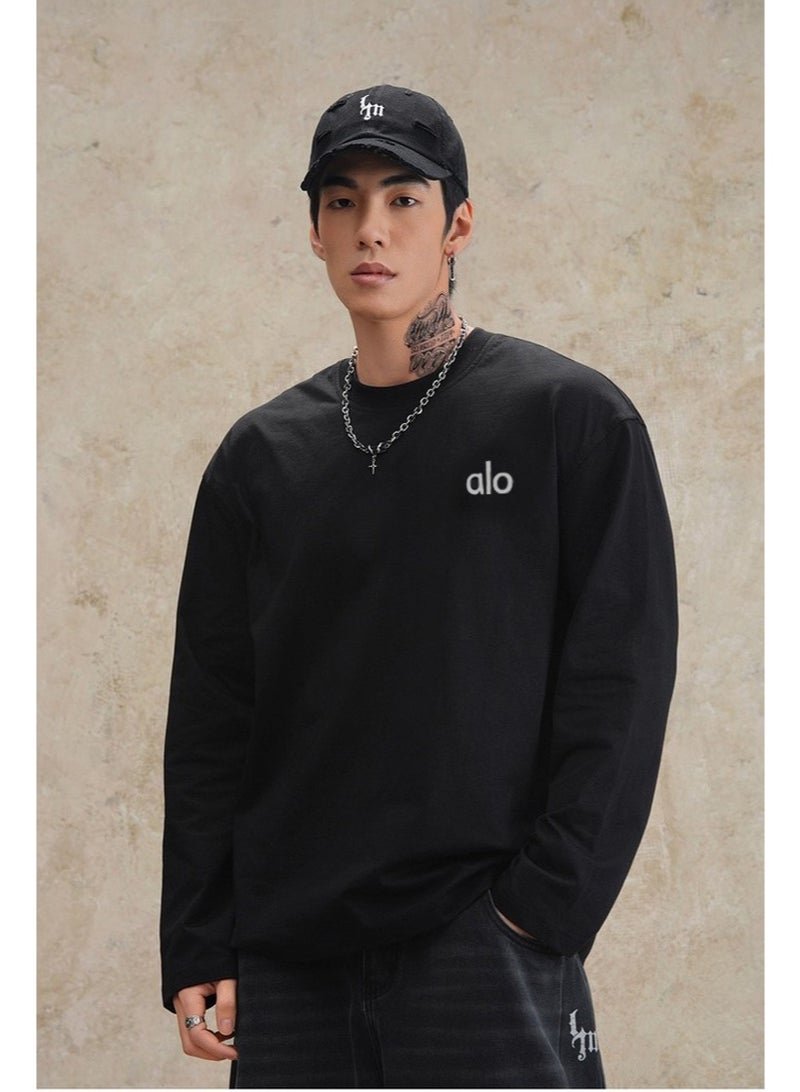 Alo loose casual long sleeved round neck T-shirt - unisex couple's shirt 100% pure cotton 250G black sports shirt with logo, casual and fashionable Chinese street wear - Image 4