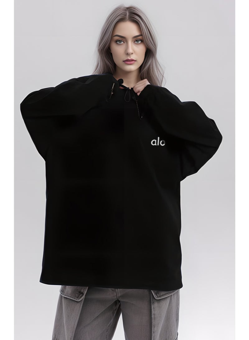 Alo loose casual long sleeved round neck T-shirt - unisex couple's shirt 100% pure cotton 250G black sports shirt with logo, casual and fashionable Chinese street wear - Image 5