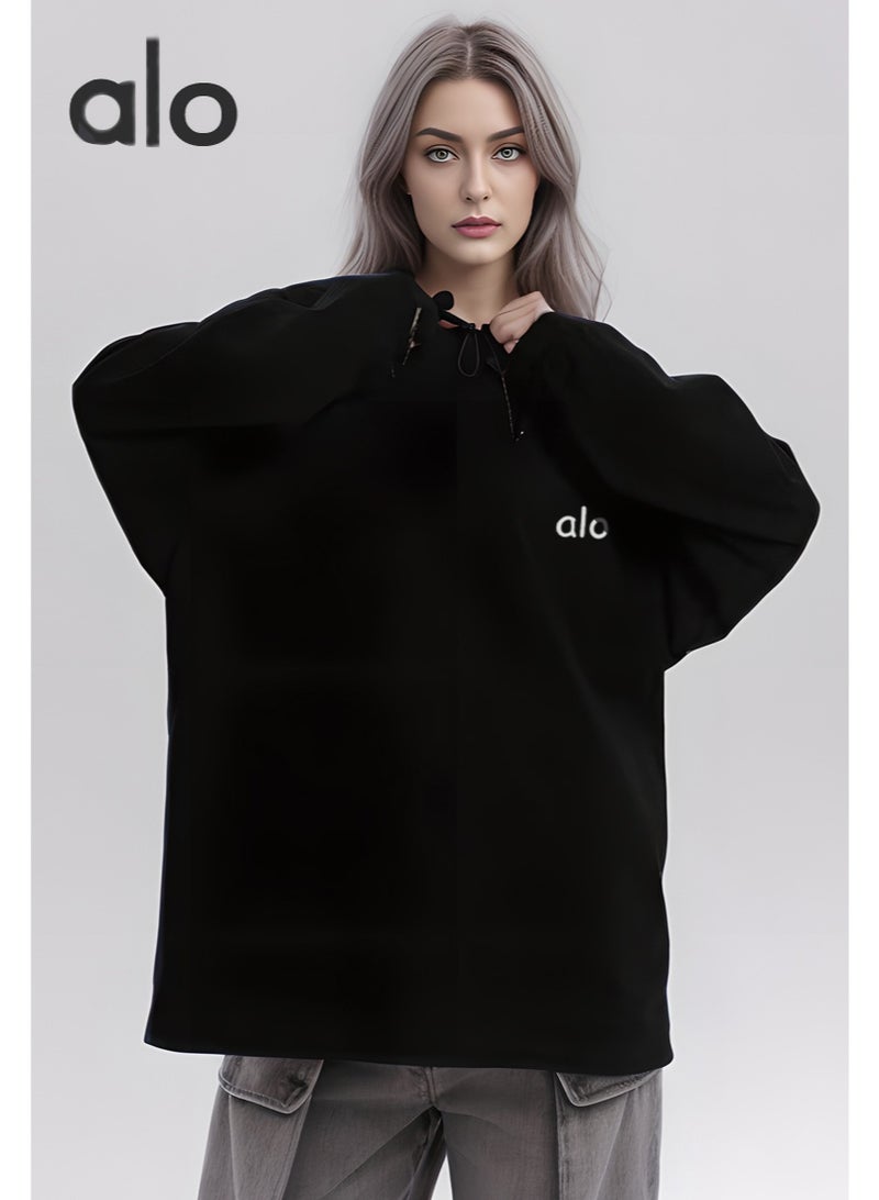 Alo loose casual long sleeved round neck T-shirt - unisex couple's shirt 100% pure cotton 250G black sports shirt with logo, casual and fashionable Chinese street wear - Image 2