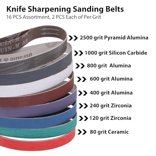 SHUTTLE GENIUS 1 x 18 1x18 Inch Sanding Belts, 16 Pcs Knife Sharpener Sanding Belts for Work Sharp Ken Onion Blade Grinder Attachment, 80/120/240/400/600/800/1000/2500 Grit Knife Sharpening Belts - Image 3