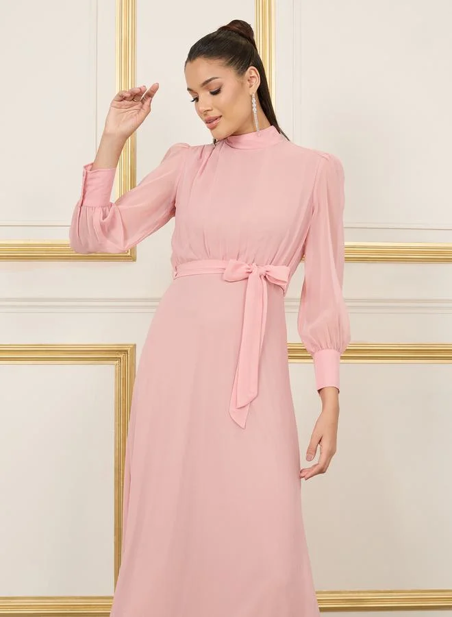 ستايلي Solid High Neck Self Tie Up A-Line Maxi Dress