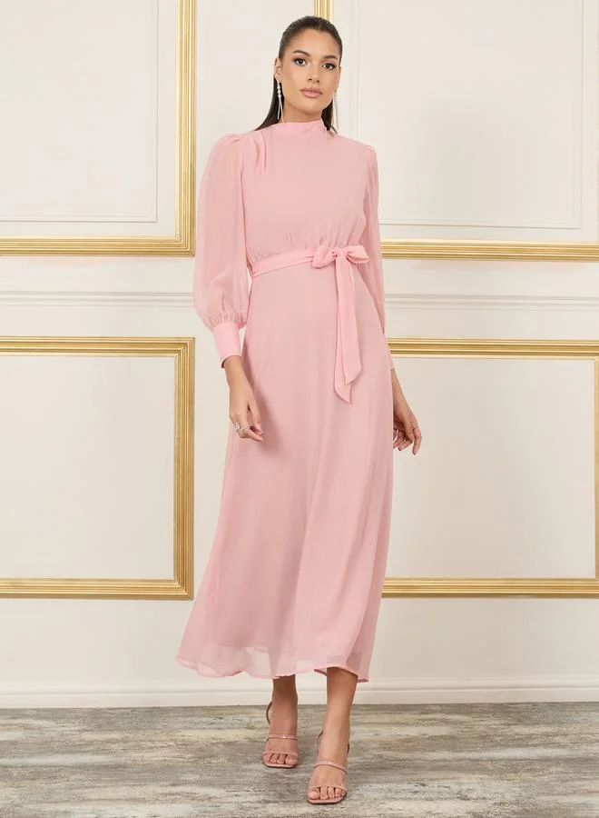 ستايلي Solid High Neck Self Tie Up A-Line Maxi Dress