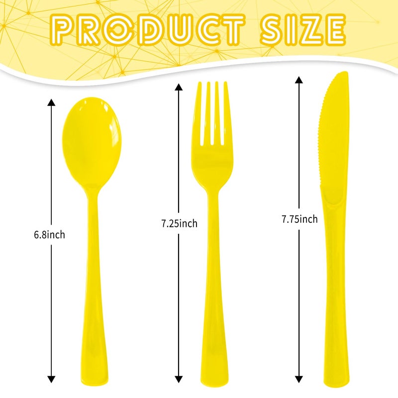 JSQBSECL 150 Pack Plastic Silverware Disposable Cutlery Set Heavy Duty Utensil Sets 50 Forks 50 Knives 50 Spoons for Brithday  Wedding Home Office School Party Picnics (Yellow) - Image 1