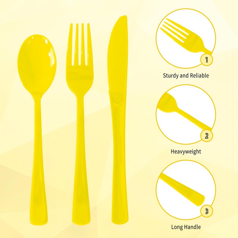 JSQBSECL 150 Pack Plastic Silverware Disposable Cutlery Set Heavy Duty Utensil Sets 50 Forks 50 Knives 50 Spoons for Brithday  Wedding Home Office School Party Picnics (Yellow) - Image 2