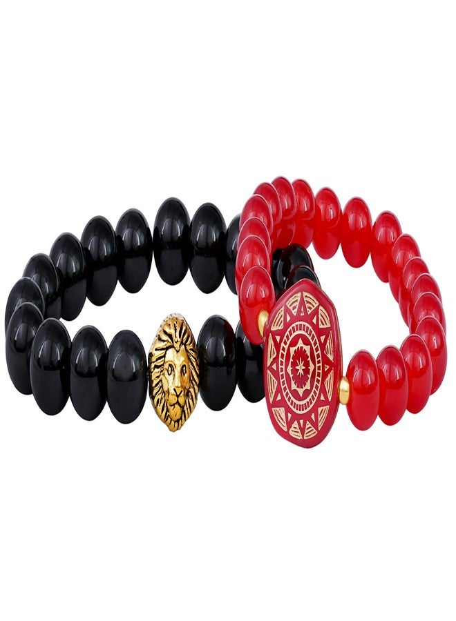 JFL - Jewellery For Less Combo of Black & Red Bead Handmade Lion face Stretchable Rakhi Bracelet for Bhaiya Bhabhi Couples - Image 1
