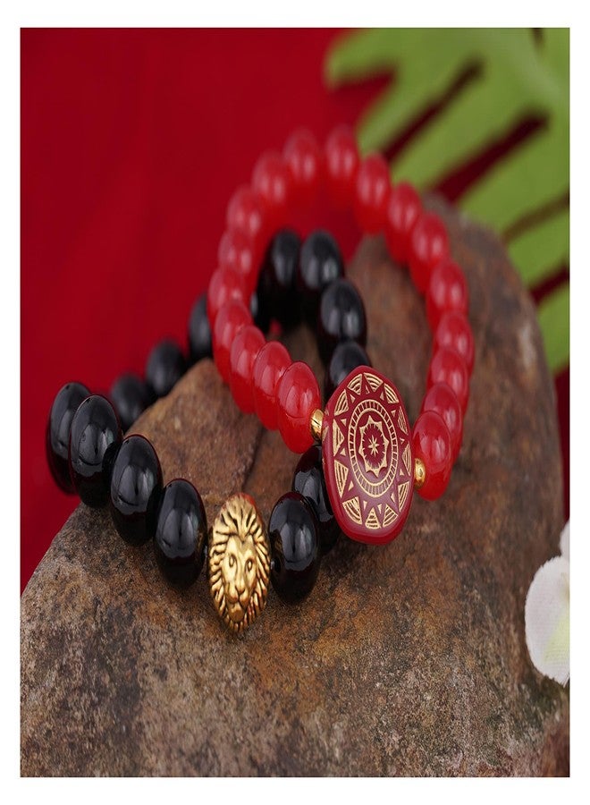 JFL - Jewellery For Less Combo of Black & Red Bead Handmade Lion face Stretchable Rakhi Bracelet for Bhaiya Bhabhi Couples - Image 2