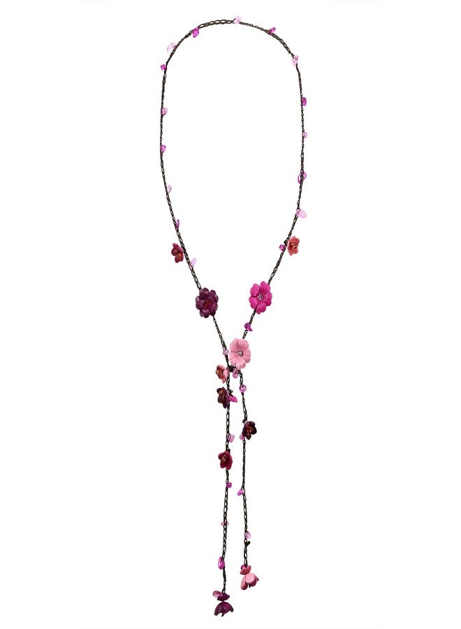 AeraVida Leather Floral Lariat Wrap Necklace for Women | Multi Pink Daisy Floral Pendant with Mix Stone Crystals | Multicolor Wrap Necklace | Leather Daisy Flower Statement Jewelry Gift| 40-Inch Cotton Wax Rope Strand - Image 1