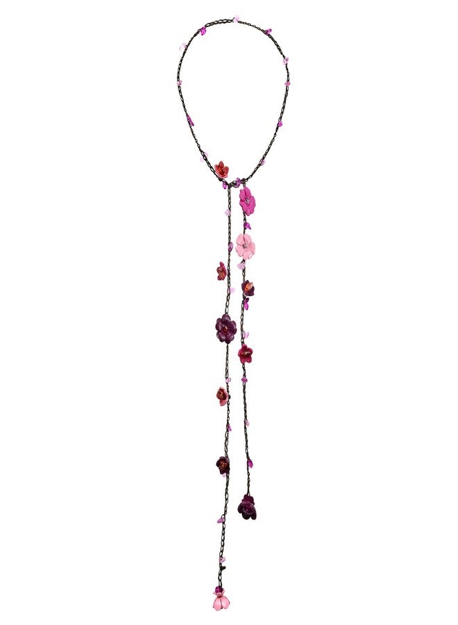 AeraVida Leather Floral Lariat Wrap Necklace for Women | Multi Pink Daisy Floral Pendant with Mix Stone Crystals | Multicolor Wrap Necklace | Leather Daisy Flower Statement Jewelry Gift| 40-Inch Cotton Wax Rope Strand - Image 2