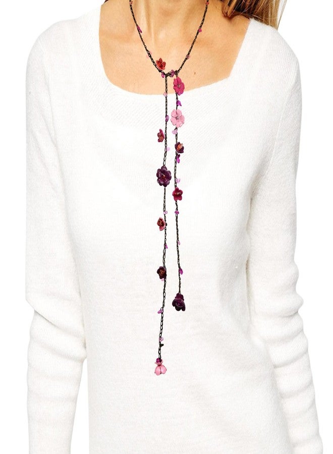 AeraVida Leather Floral Lariat Wrap Necklace for Women | Multi Pink Daisy Floral Pendant with Mix Stone Crystals | Multicolor Wrap Necklace | Leather Daisy Flower Statement Jewelry Gift| 40-Inch Cotton Wax Rope Strand - Image 5