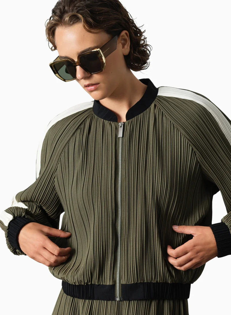French Connection Khaki/Black/Porcelai Niri Plisse Bomber Jacket for Women | Best Price UAE