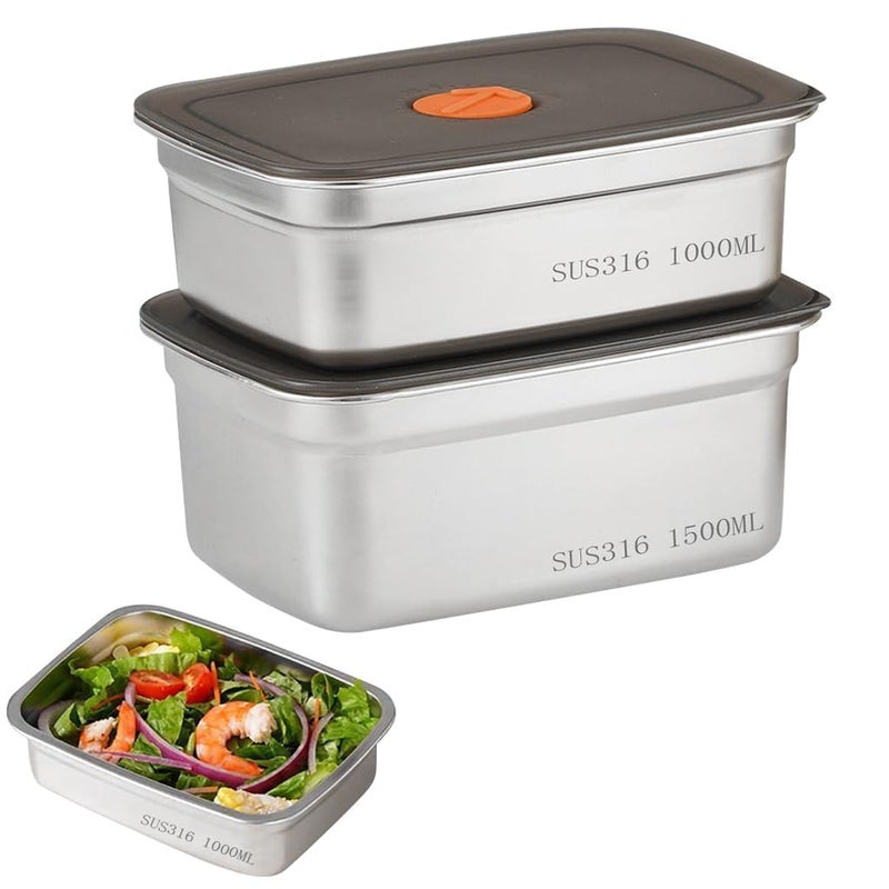 Gladnes Kitchen Storage Containers Set of 2Pcs1000ML1500ML Storage Container with Air Tight LidReusable Stainless Steel Launch BoxMetal Meal Prep Food Container for Home Travel Work Party - Image 1