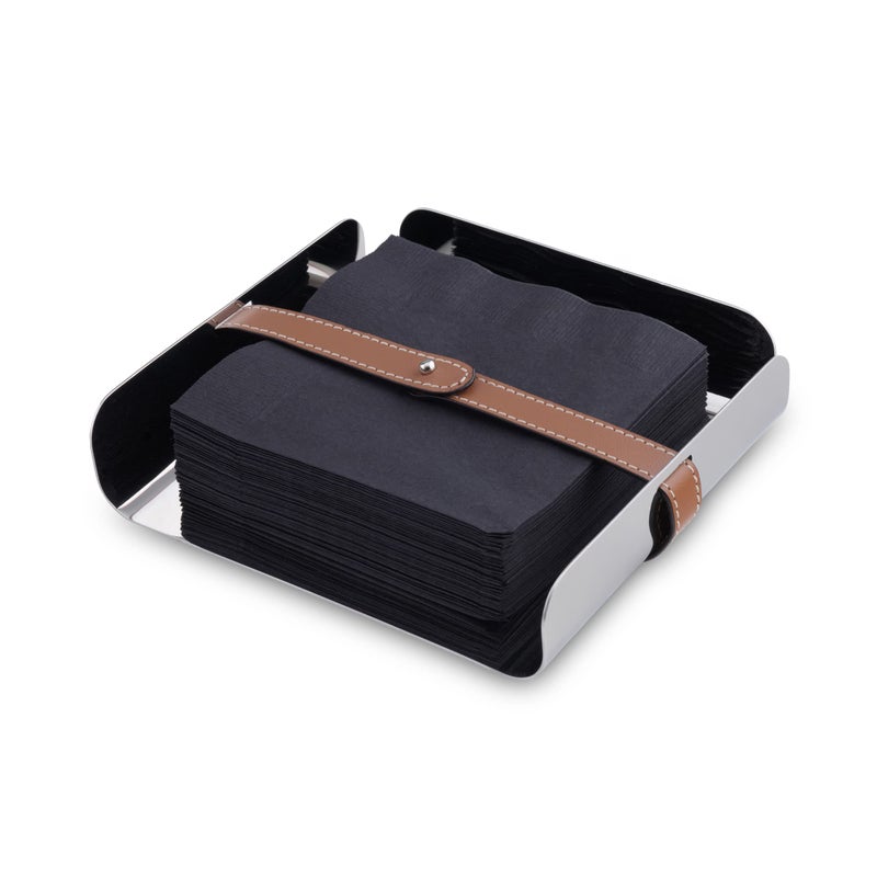 Nambe Nambe  Tahoe Collection Stainless Steel Napkin Holder with Raised Edges and Leather Clasp 7 x 2  Leather Accent is Removable 