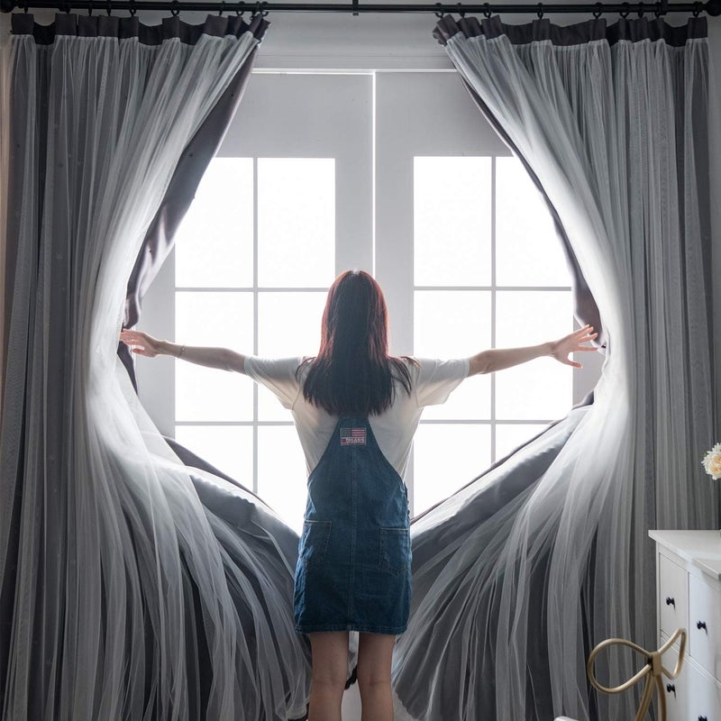 UNISTAR 2 Panels Stars Blackout Curtains for Bedroom Girls Kids Baby Window Curtain Double Layer Star Cut Out Aesthetic Living Room Decor Wall Home Decorations Curtain,W52 x L84 Inches,Grey - Image 2