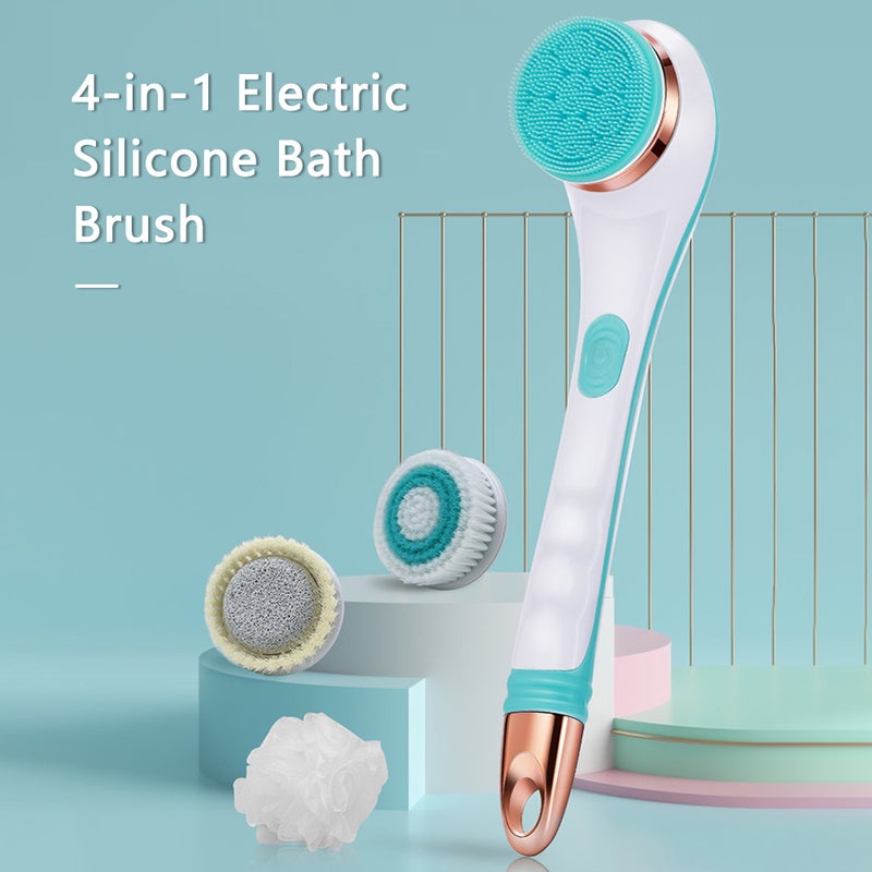 Electric Silicone Bath Brush Back Scrubber 4 Brush Heads USB Rechargeable Rotating Shower Massager with 2 Speeds Long Handle Body Cleansing Brush - Image 4