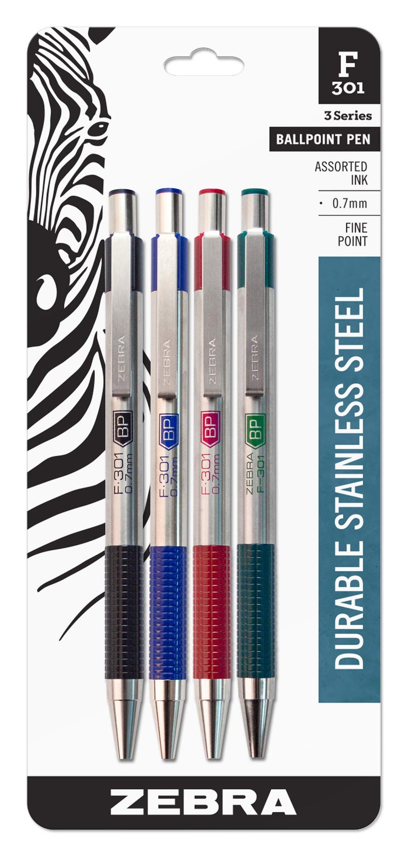 Zebra Pen F-301 Retractable Ballpoint Pen, Stainless Steel Barrel, Fine Point, 0.7mm, Assorted Ink, 4-Pack - Image 1