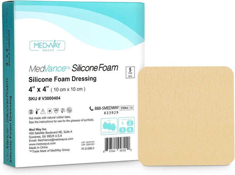 MedVance TM Silicone - Silicone Adhesive Foam Absorbent Dressing, 4"x4", Box of 5 dressings