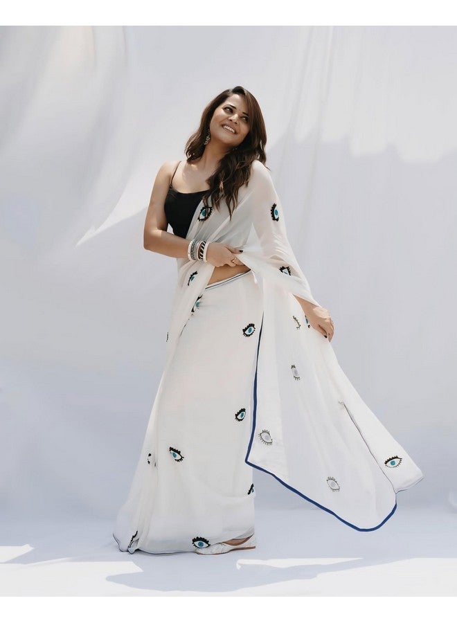 Dharmik FASHION 1-Minute Ready To Wear White Georgette Saree - Image 5