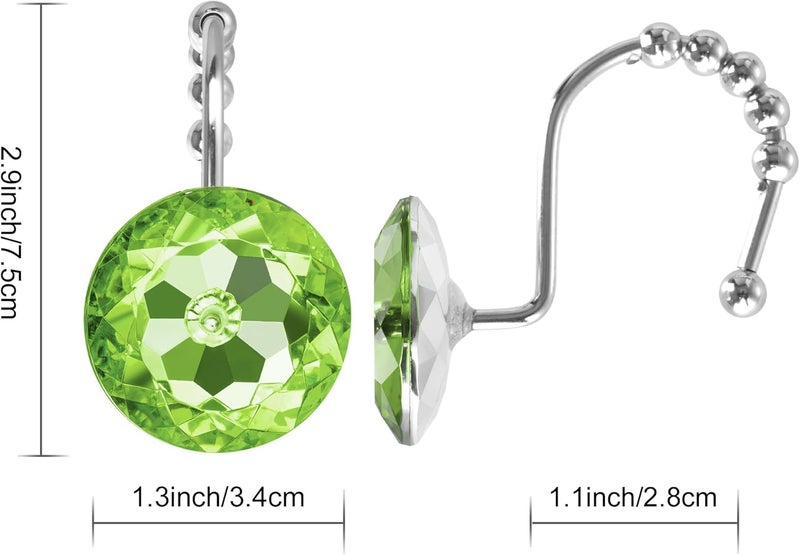 Sunlit Luxury Design Round Sage Green Diamond Crystal Gem Bling with Glide Balls Shower Curtain Hooks, Rust Proof Metal Rhinestones Glam Shower Curtain Rings-12 Pack - Image 2