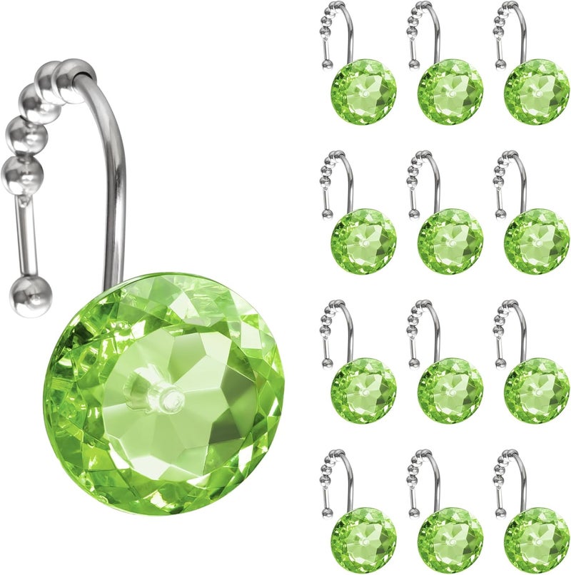 Sunlit Luxury Design Round Sage Green Diamond Crystal Gem Bling with Glide Balls Shower Curtain Hooks, Rust Proof Metal Rhinestones Glam Shower Curtain Rings-12 Pack - Image 1