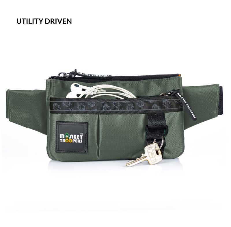 Monkey Troopers Pockit Waist Bag for Men & Women, 1L Capacity | Compact Travel Waist Pack with Multiple Pockets, Adjustable Strap, D-Ring Utility Loop, Hands-Free Olive Crossbody Sling Bag - Image 3