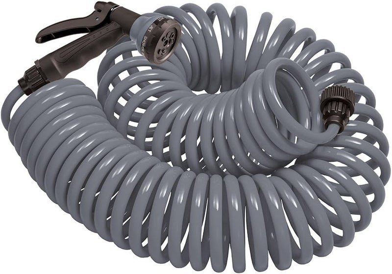 ORBIT 26382 Coil Garden Hose, 25 Feet, with 8-Pattern Hose Nozzle (Gray) - Image 1