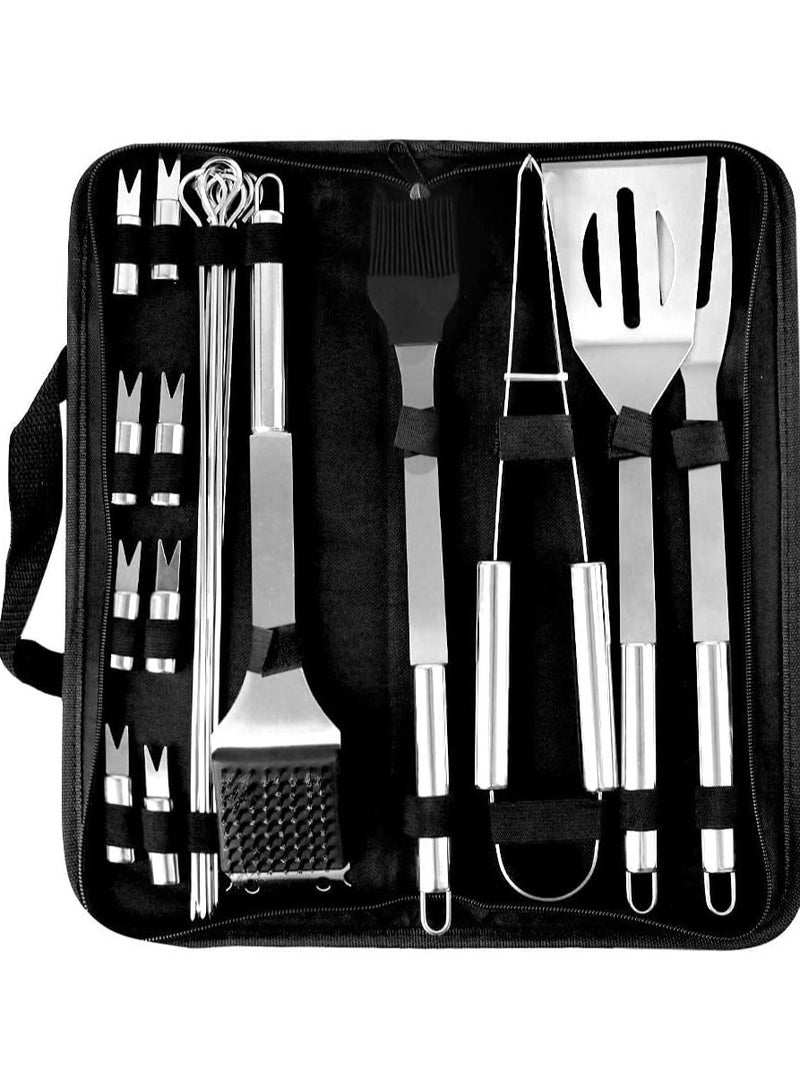 راكسوم طقم أدوات شواء من الفولاذ المقاوم للصدأ 20 قطعة + مجموعة حقيبة حمل: ملقط، فرشاة دهن، ملعقة، فرشاة تنظيف، شوكة لحم، 7 أسياخ، 8 حوامل ذرة للنزهة والتخييم والشواء - Image 1