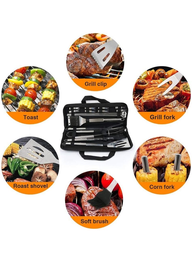 راكسوم طقم أدوات شواء من الفولاذ المقاوم للصدأ 20 قطعة + مجموعة حقيبة حمل: ملقط، فرشاة دهن، ملعقة، فرشاة تنظيف، شوكة لحم، 7 أسياخ، 8 حوامل ذرة للنزهة والتخييم والشواء - Image 3