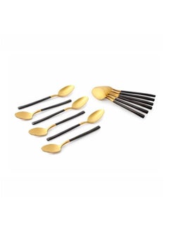 Life Smile 12pcs Cutlery Set, 18/10 Stainless Steel, Flatware Set, 12pcs Tea Spoon, Shiny Gold Head & Black Handle, for Home Kitchen, Mirror Polished - Dishwasher Safe  - Image 1