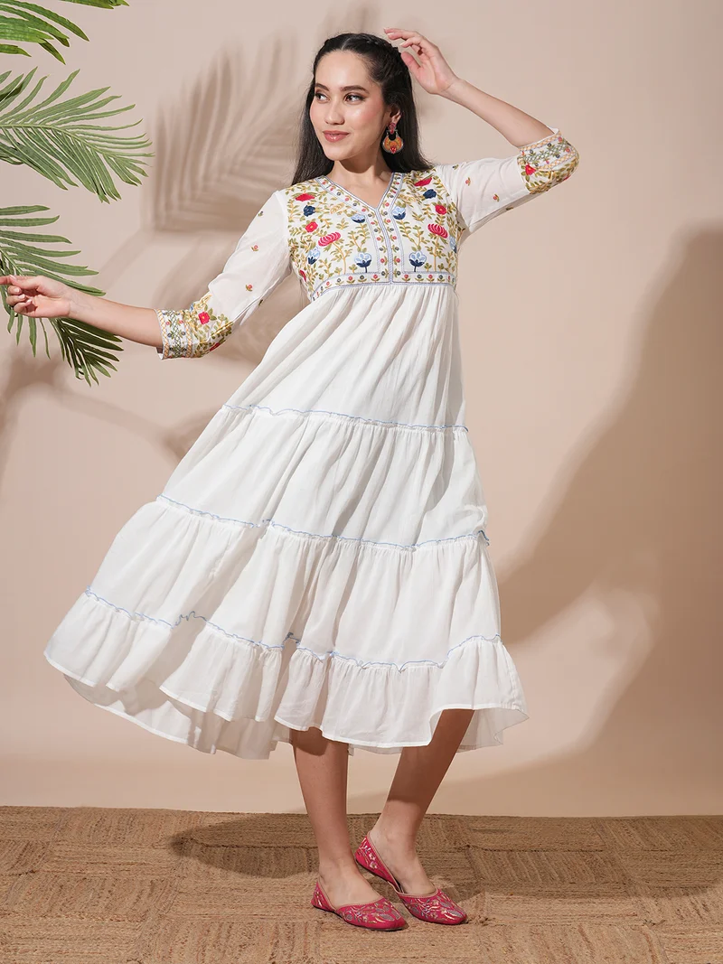 globus Women Floral Embroidered V-Neck Gathered & Tiered A-Line Midi Festive Dress