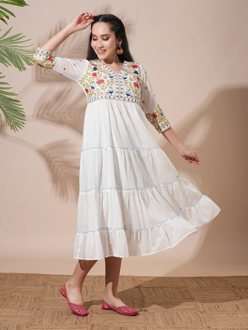 globus Women Floral Embroidered V-Neck Gathered & Tiered A-Line Midi Festive Dress