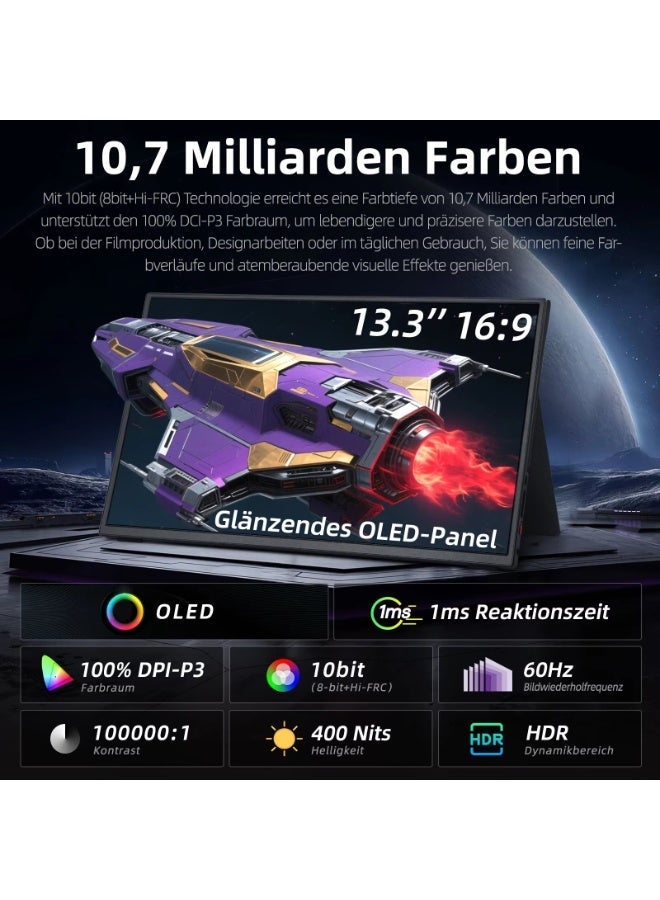 ترقية التكنولوجيا المبتكرة شاشة OLED محمولة مقاس 13.3 بوصة بدقة FHD 10 بت ودقة 100% DCI-P3 مع وضع Sunc Game HoR المتكيف لأجهزة الكمبيوتر الشخصية وأجهزة MAC والهواتف وأجهزة Xbox وPS5 - اتصال USB C وHDMI - Image 2
