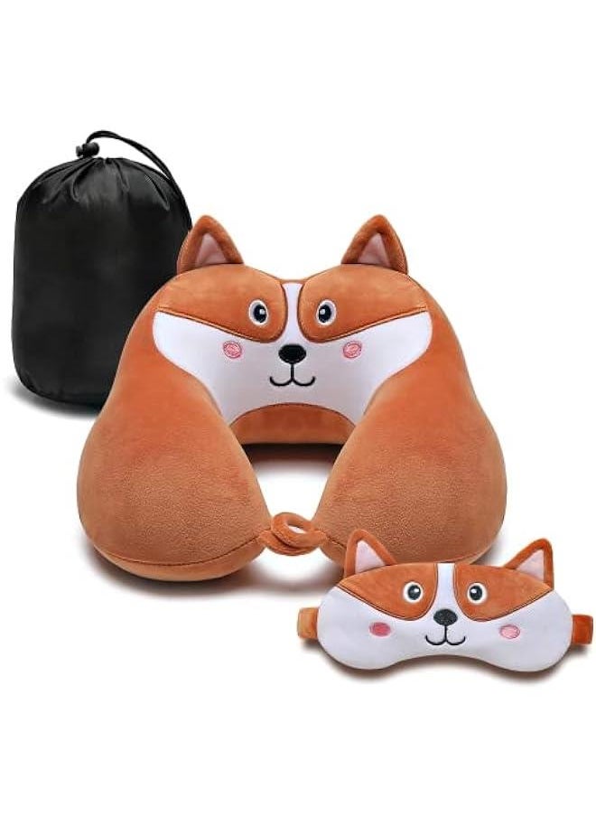 HOOKOR - Animal Memory Foam Neck Pillow with Eye Mask Set, Soft Fleece Cover, Travel Kit, Drawstring Bag, Machine Washable - Puppy - Image 1