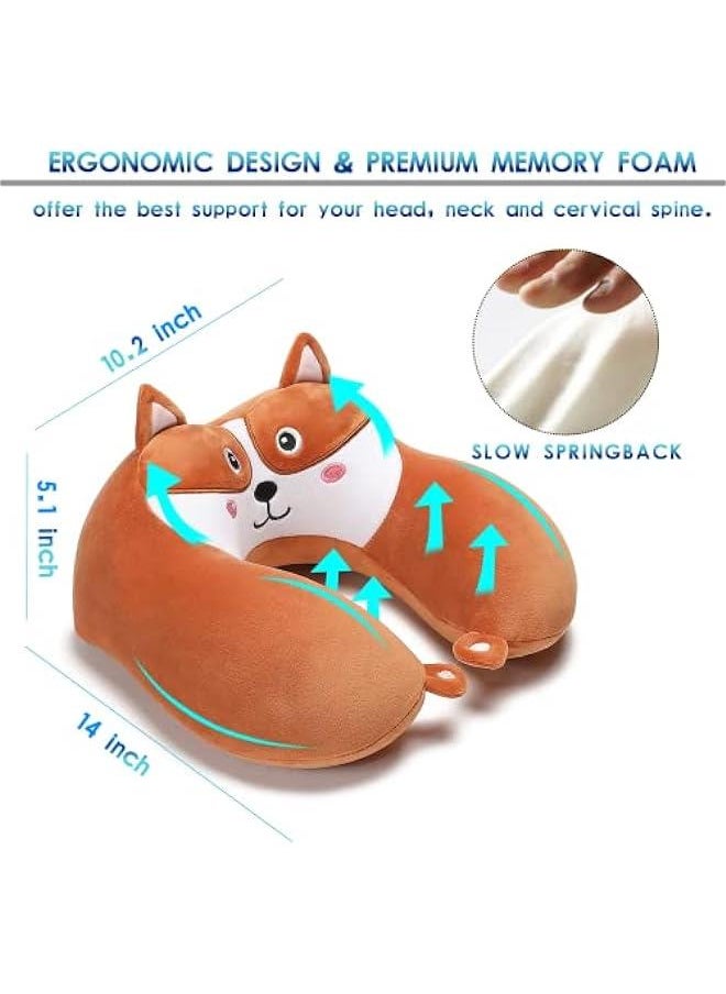 HOOKOR - Animal Memory Foam Neck Pillow with Eye Mask Set, Soft Fleece Cover, Travel Kit, Drawstring Bag, Machine Washable - Puppy - Image 1