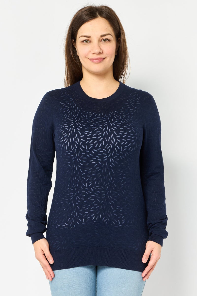 LACOSTE Women Crew Neck Textured Sweater, Navy - Image 1