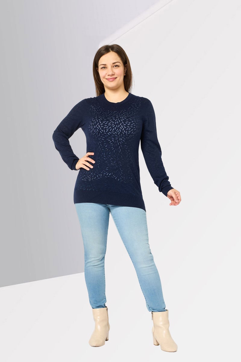 LACOSTE Women Crew Neck Textured Sweater, Navy - Image 2