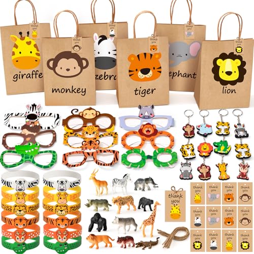 Winrayk 12 Sets Jungle Safari Party Favors Wild Animals Birthday Supplies Tote Bag Paper Glasses Animal Figure Silicone Wristband Keychain Goodie Bag Stuffers Kids Girl Boy Safari Jungle Party Decor - Image 1