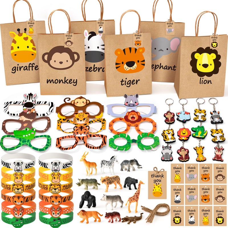 Winrayk 12 Sets Jungle Safari Party Favors Wild Animals Birthday Supplies Tote Bag Paper Glasses Animal Figure Silicone Wristband Keychain Goodie Bag Stuffers Kids Girl Boy Safari Jungle Party Decor - Image 3