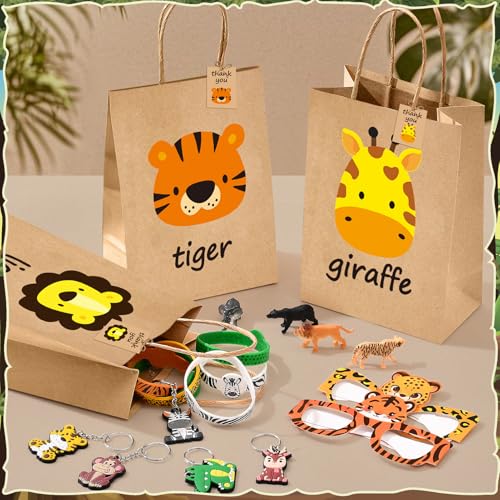 Winrayk 12 Sets Jungle Safari Party Favors Wild Animals Birthday Supplies Tote Bag Paper Glasses Animal Figure Silicone Wristband Keychain Goodie Bag Stuffers Kids Girl Boy Safari Jungle Party Decor - Image 5