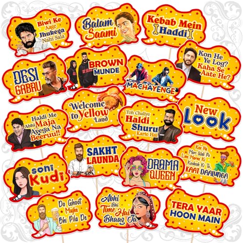 Zyozique 18 Peice Bollywood Theme Wedding Props - Bride & Family Haldi Photo Booth Decorations - Image 1