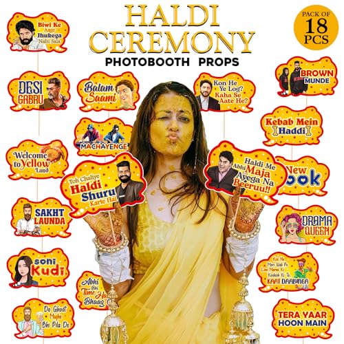 Zyozique 18 Peice Bollywood Theme Wedding Props - Bride & Family Haldi Photo Booth Decorations - Image 2