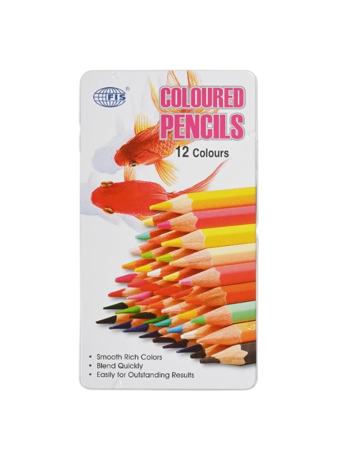 FIS Colored Pencils, 12 Assorted Colors Per Tin Box, Pack in Metal Box, Wooden Pencils, Packet of 12 Tin Boxes(144 Pencils)-FSCK12MN - Image 1