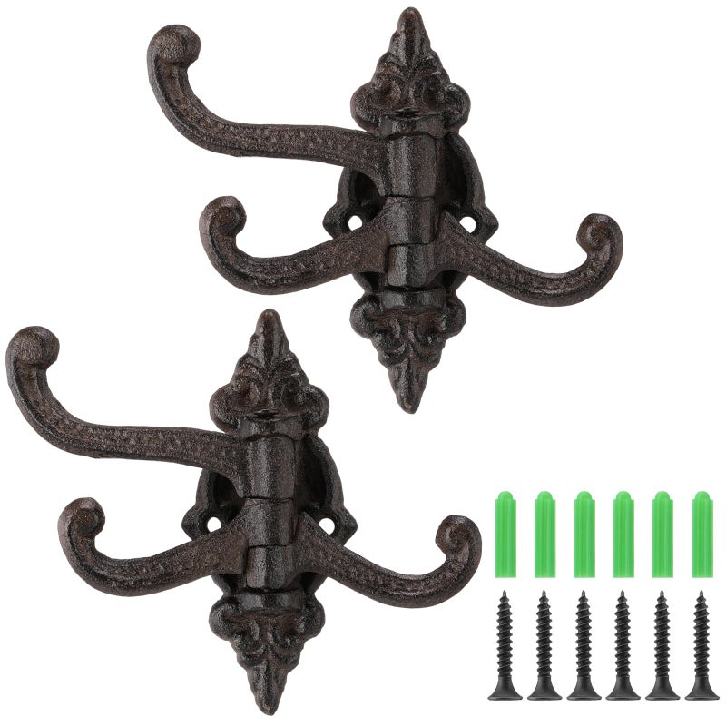 Otoolling 2 Pcs Vintage Cast Iron Wall Hooks Wall Mounted Rustic Metal Towel Hook Heavy Duty Hooks 3 Swing Arm Swivel Coat Hook for Coat Shoe Towel - Image 1